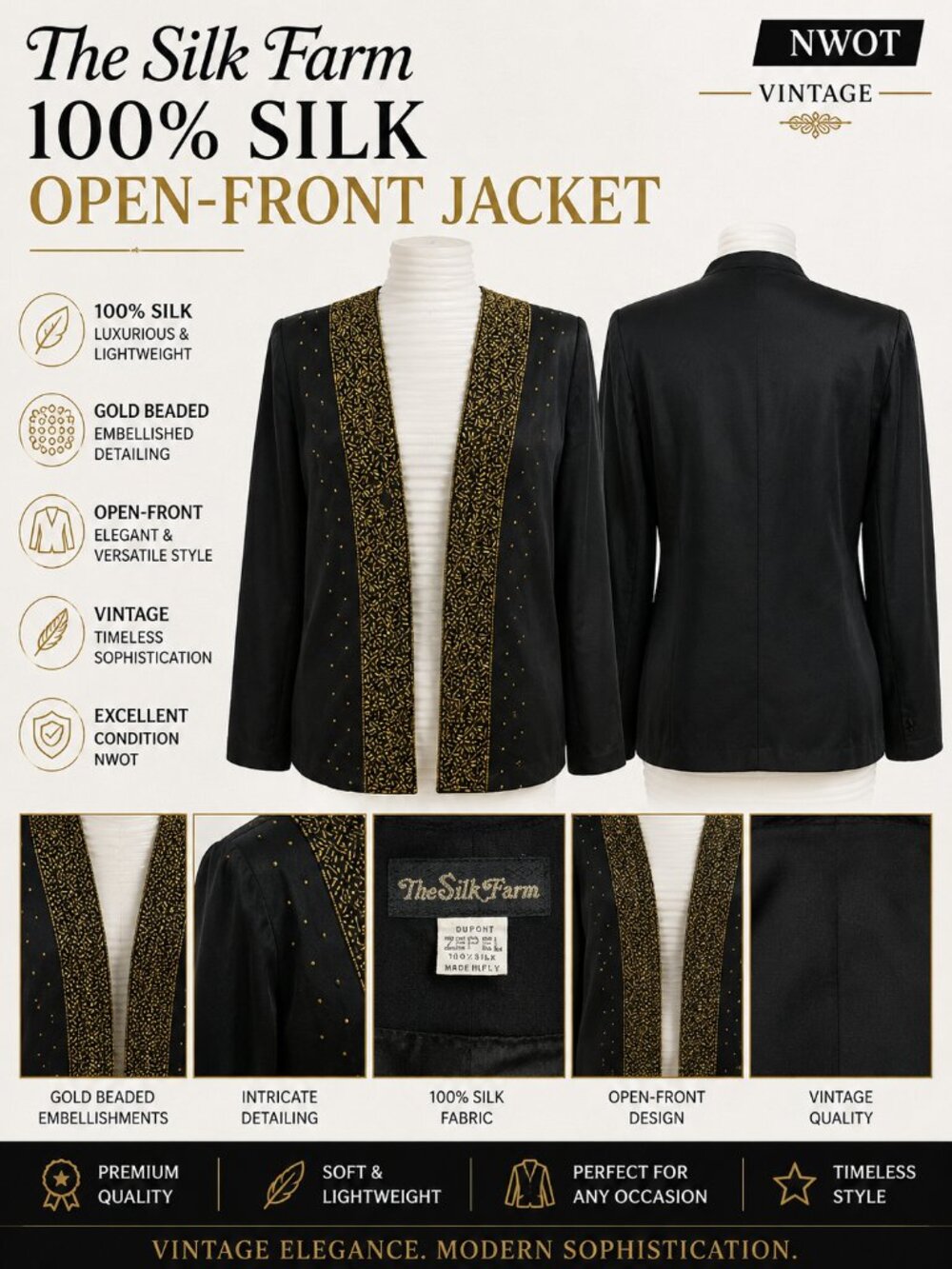 NWOT Vintage The Silk Farm Gold Beaded Silk Open Front Jacket Size S